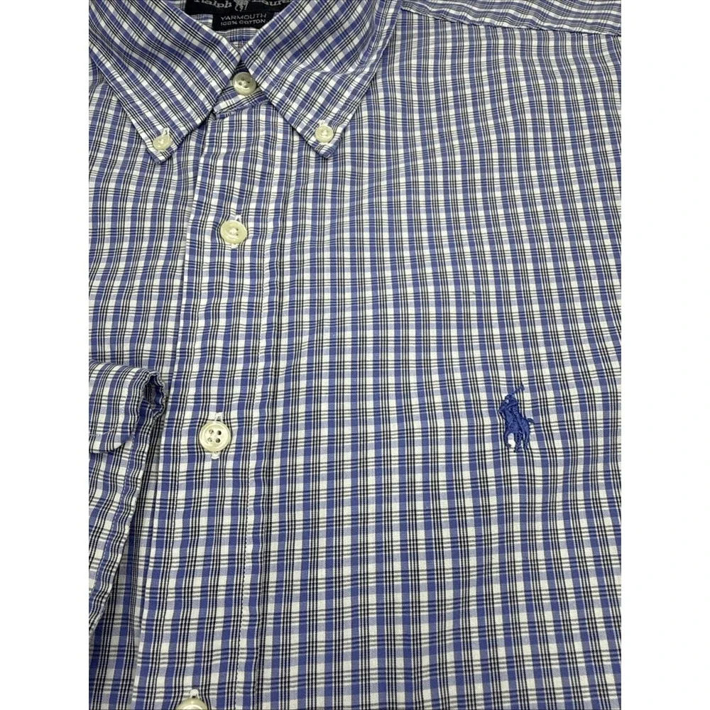 Vintage Ralph Lauren Shirt Men's 16.5 34/35 Blue Plaid Long Sleeve Cotton